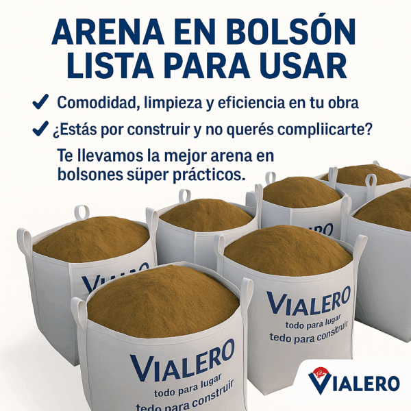 Arena en bolsón lista para usar de Vialero, ideal para construcción, con entrega inmediata y presentación limpia y práctica.