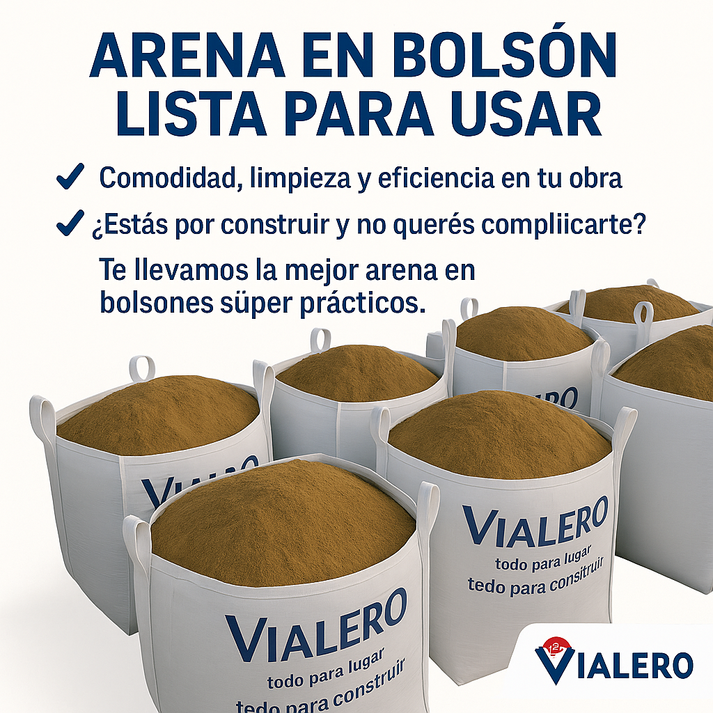 Arena en bolsón lista para usar de Vialero, ideal para construcción, con entrega inmediata y presentación limpia y práctica.