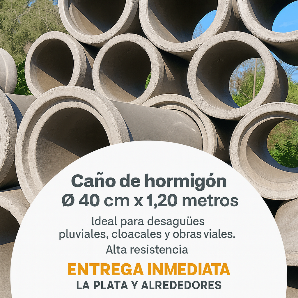 Caño de hormigón Ø40 cm x 1,20 metros, ideal para desagües, cloacas y obras viales, con entrega inmediata en La Plata Preguntar a ChatGPT