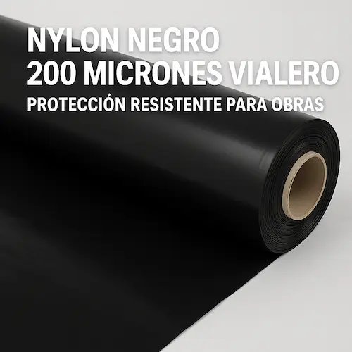 Rollo de plástico negro desplegado sobre superficie industrial.