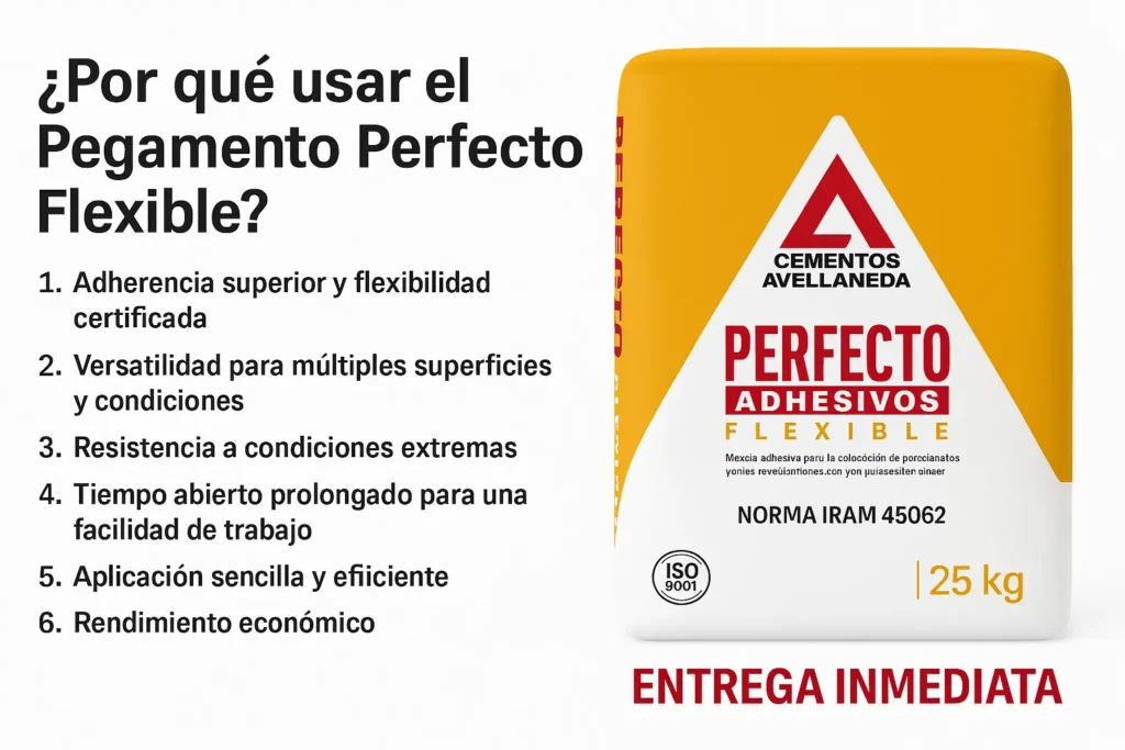 Bolsa de Pegamento Perfecto Flexible Cementos Avellaneda 25 kg sobre fondo blanco – adhesivo flexible para interiores, exteriores y superficies con movimiento